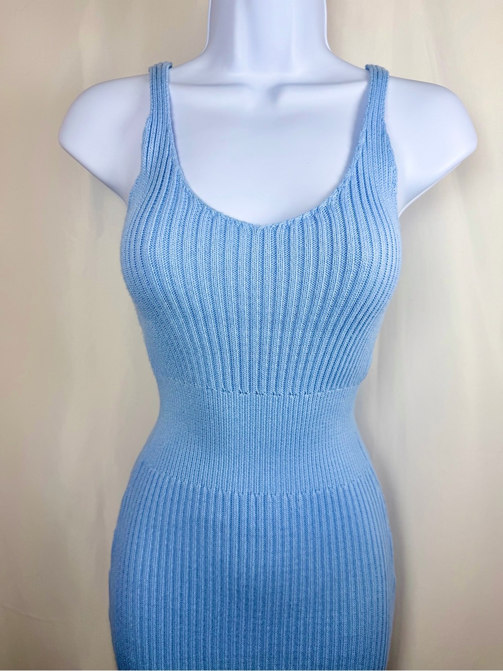 Ribbed Knit Bodycon Tank Midi Dress Sleeveless Stretch Light Blue - XS